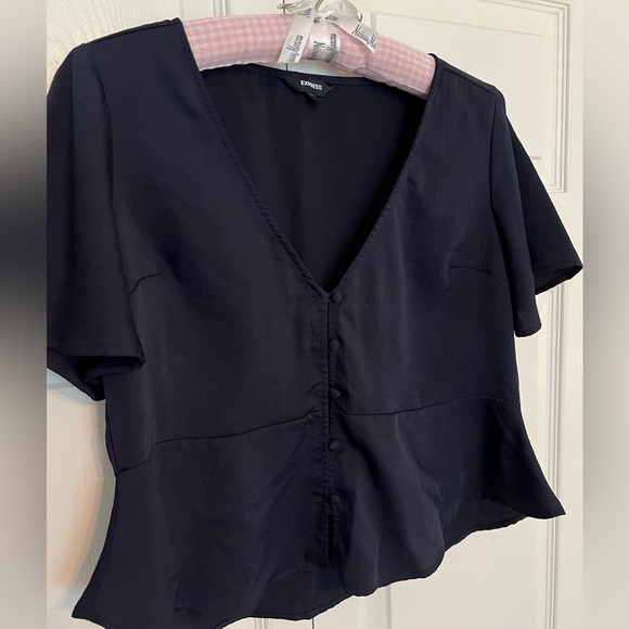 Express Button Front Flutter Sleeve Navy Blue Peplum Top-Size XS - Picture 8 of 8